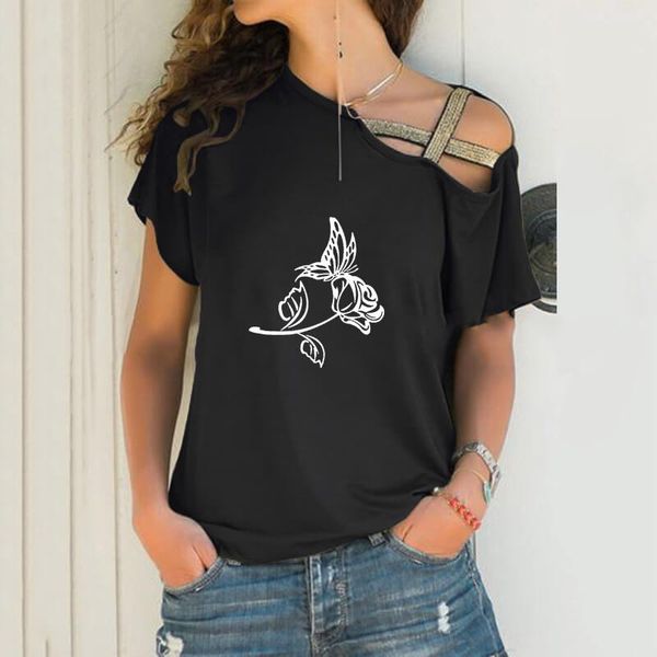 women's t-shirt butterfly rose graphic print loose irregular women skew neck cross bandage for female lover gift, White
women's t-shirt butterfly rose graphic print loose irregular women skew neck cross bandage for female lover gift, White