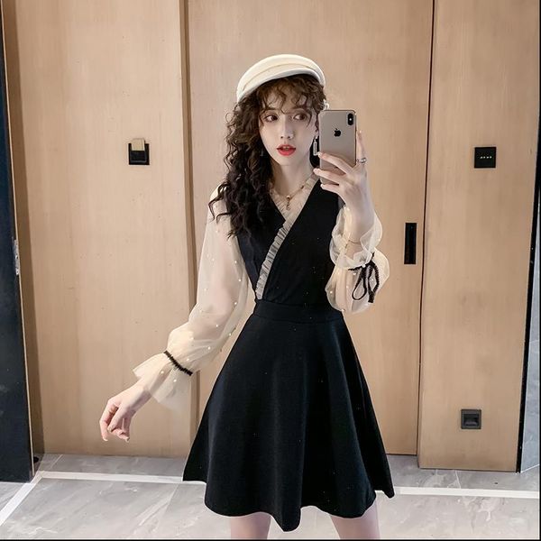 2021 new autumn women one piece dress korean mesh patchwork slim long sleeve middle waist dresses black 5709, Black;gray
2021 new autumn women one piece dress korean mesh patchwork slim long sleeve middle waist dresses black 5709, Black;gray