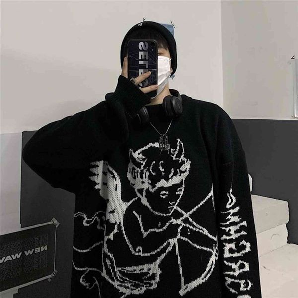 women streetwear knitted pullover womens sweater angel print fashion hip hop men autumn harajuku oversized outwear jumpers, White;black
women streetwear knitted pullover womens sweater angel print fashion hip hop men autumn harajuku oversized outwear jumpers, White;black