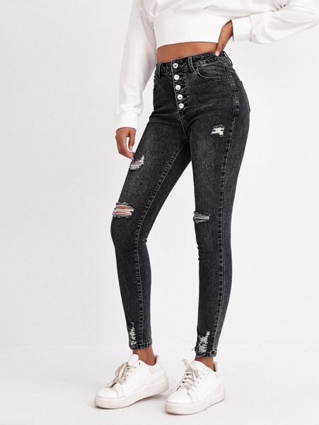 high waist ripped skinny jeans y6ce#, Blue