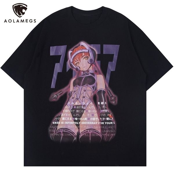 aolamegs men's tee shirts manga girls kanji print anime summer baggy college style fashion otaku streetwear 210716, White;black