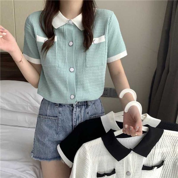 summer designer knitted sweater for women vintage turn down collar short sleeve cardigan 210531, White
summer designer knitted sweater for women vintage turn down collar short sleeve cardigan 210531, White