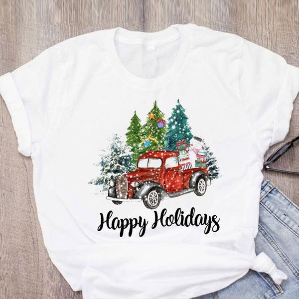 graphic cartoon snow tree women holiday year merry christmas clothing printed lady tees t shirt, White 
graphic cartoon snow tree women holiday year merry christmas clothing printed lady tees t shirt, White