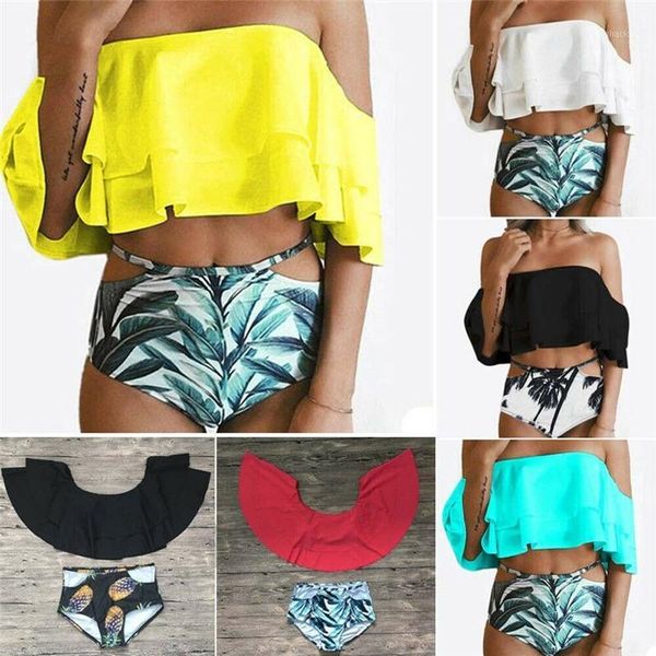 women summer off shoulder double layers ruffles 2pcs sets swimwear bathing beach casual crop leaf print panties women's tracksuits, Gray
women summer off shoulder double layers ruffles 2pcs sets swimwear bathing beach casual crop leaf print panties women's tracksuits, Gray