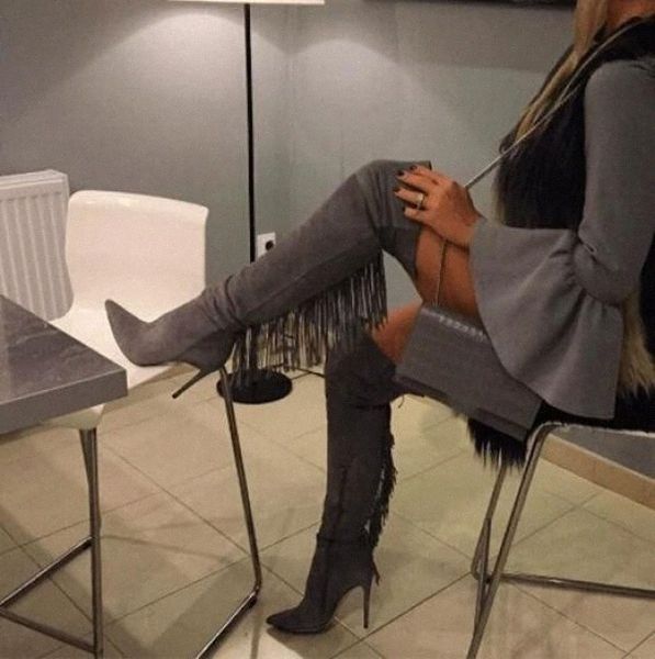 woman gray suede leather slim tassel back pointed toe over the knee thin heels thigh long boots fringe high heels g0zk#, Black
woman gray suede leather slim tassel back pointed toe over the knee thin heels thigh long boots fringe high heels g0zk#, Black