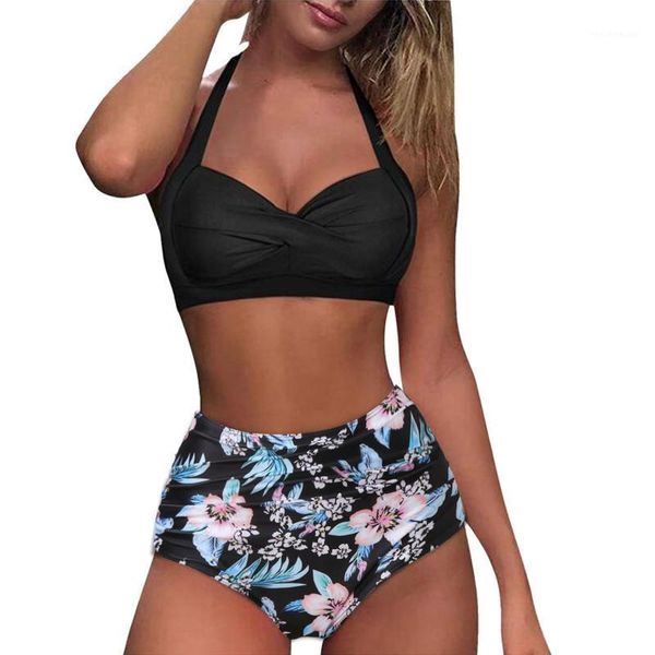 women's swimwear female swimsuit vintage bikini two piece retro halter ruched high waist print set padded bathing suit, White;black
women's swimwear female swimsuit vintage bikini two piece retro halter ruched high waist print set padded bathing suit, White;black