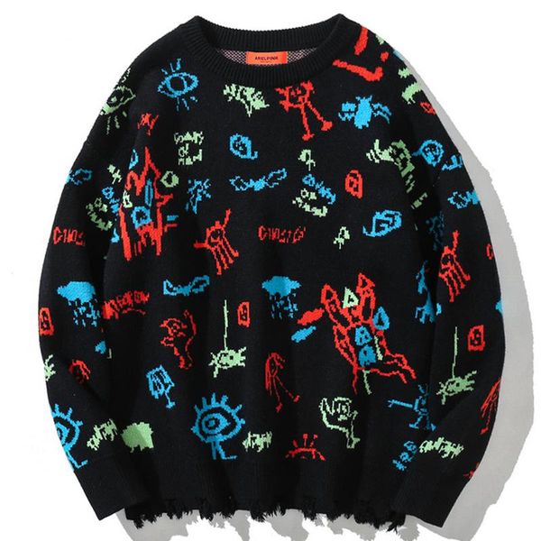 men's sweaters women harajuku ripped sweater pullover men vintage retro cartoon knit 2021winter hiphop oversize couple knitwear, White;black
men's sweaters women harajuku ripped sweater pullover men vintage retro cartoon knit 2021winter hiphop oversize couple knitwear, White;black