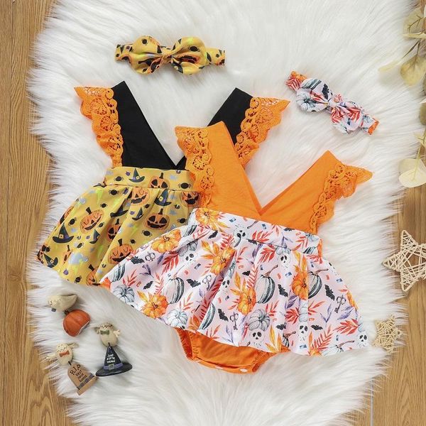 jumpsuits 0-24m cute born baby girl lace sleeve v-neck pumpkin print skirted romper jumpsuit headband 2pcs halloween clothes, Blue 
jumpsuits 0-24m cute born baby girl lace sleeve v-neck pumpkin print skirted romper jumpsuit headband 2pcs halloween clothes, Blue