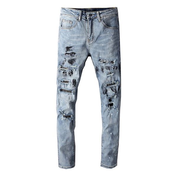 new male streetwear crystal painted paint torn jeans fashion blue light thin holes stretch out pencil pants 5l00
new male streetwear crystal painted paint torn jeans fashion blue light thin holes stretch out pencil pants 5l00
