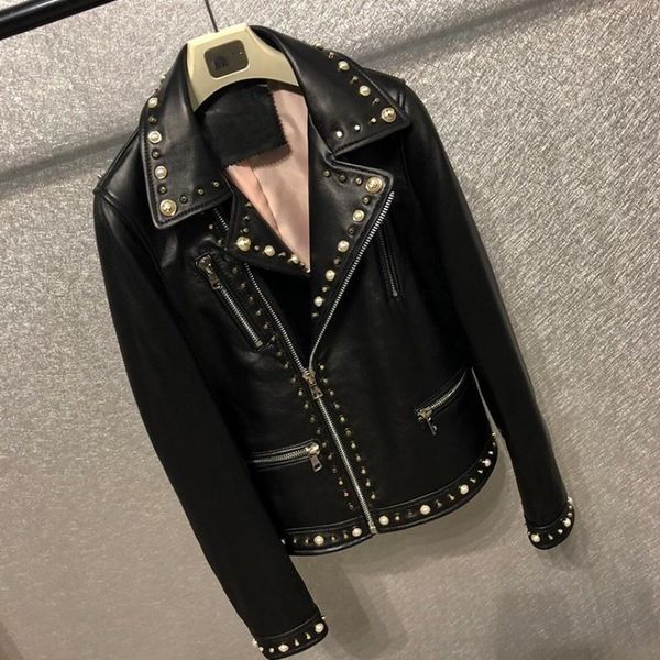 women's leather & faux quality high punk style women sheepskin real jacket rivets genuine coat ladies slim fit short moto biker outwear, Black
women's leather & faux quality high punk style women sheepskin real jacket rivets genuine coat ladies slim fit short moto biker outwear, Black