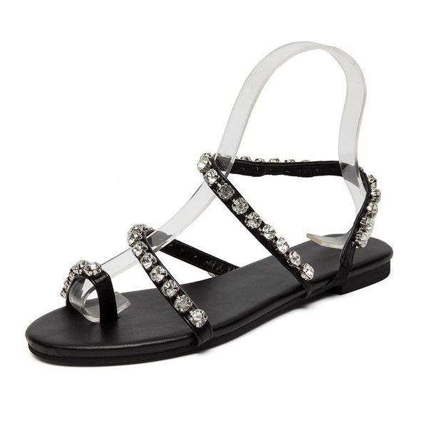 european and american new flat diamond-studded roman sandals, Black