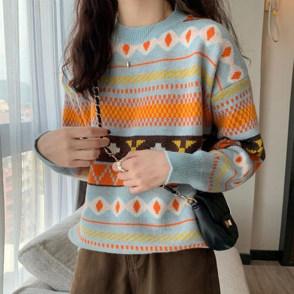 women's sweaters 2021 retro striped women sweater thick loose wild round neck long-sleeved sweet cute knitted, White;black
women's sweaters 2021 retro striped women sweater thick loose wild round neck long-sleeved sweet cute knitted, White;black