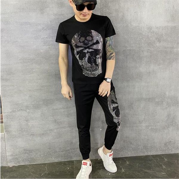 men's tracksuits spring/summer 2021 fashion sportswear big skull and diamond brand t-shirt+pants leisure 2-piece set, Gray 
men's tracksuits spring/summer 2021 fashion sportswear big skull and diamond brand t-shirt+pants leisure 2-piece set, Gray