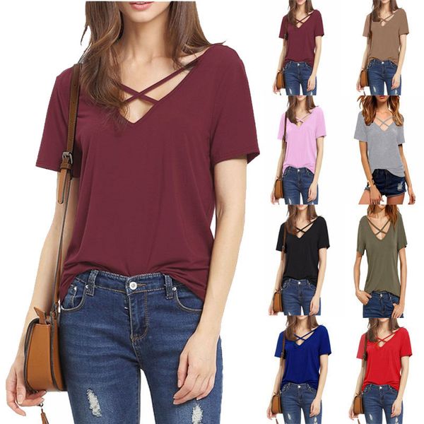 women criss cross deep v neck t shirts summer womens short sleeved t-shirt solid color casual tshirts loose women's clothing, White
women criss cross deep v neck t shirts summer womens short sleeved t-shirt solid color casual tshirts loose women's clothing, White