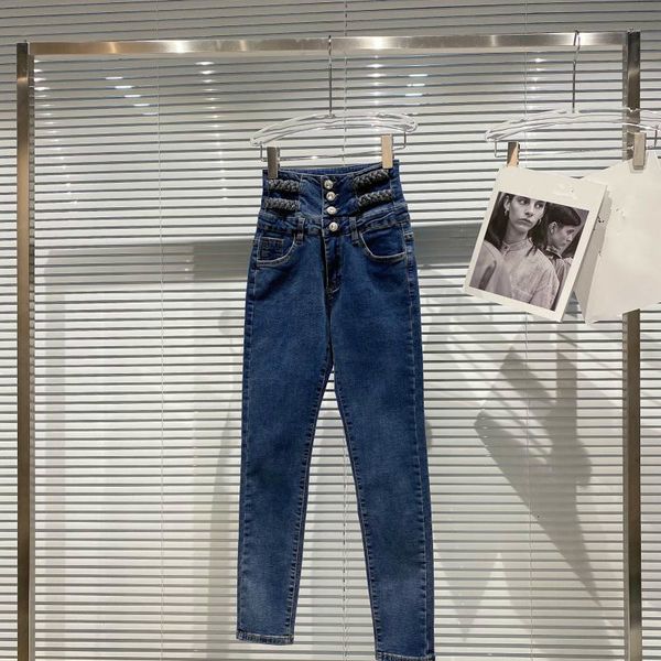 2021 new female winter arrival knitting rope button decoration high casual waist denim fine pencil pants b9w6, Blue
2021 new female winter arrival knitting rope button decoration high casual waist denim fine pencil pants b9w6, Blue