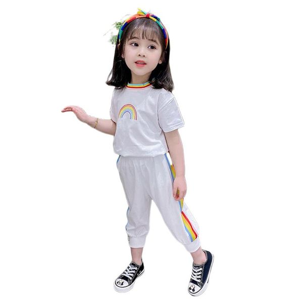 new arrival fashion little girl rainbow print set short sleeve o neck and long pants 2-piece suits, White
new arrival fashion little girl rainbow print set short sleeve o neck and long pants 2-piece suits, White