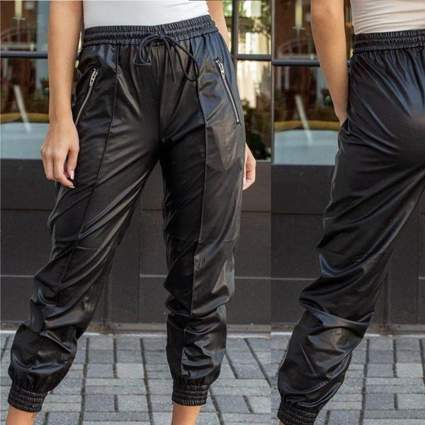 women black pu leather pants stretch waist drawstring tie pockets female autumn winter elegant trousers plus size j30, Black;white
women black pu leather pants stretch waist drawstring tie pockets female autumn winter elegant trousers plus size j30, Black;white