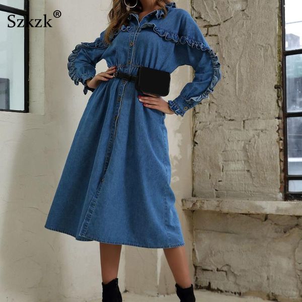 casual dresses szkzk blue ruffle midi denim dress women clothes 2021 autumn winter long sleeve big swing high waist button up slit, Black;gray
casual dresses szkzk blue ruffle midi denim dress women clothes 2021 autumn winter long sleeve big swing high waist button up slit, Black;gray