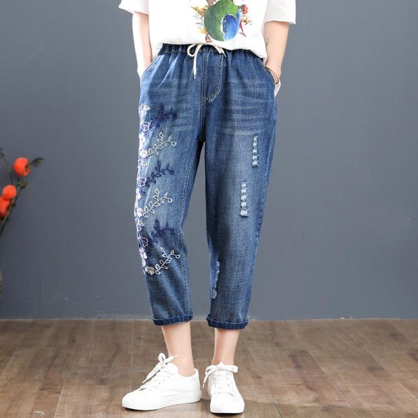 women's jeans fashion 2021 summer ladies floral womens luxury embroidery denim trousers female elastic waist ripped harem pants, Blue
women's jeans fashion 2021 summer ladies floral womens luxury embroidery denim trousers female elastic waist ripped harem pants, Blue
