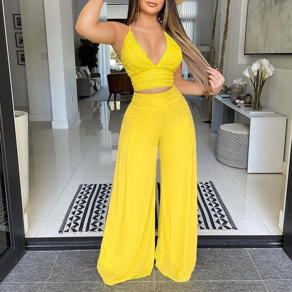 women's two piece pants summer women casual beachwear solid color sleeveless crochet lace halter crop & high waish wide leg long set, White
women's two piece pants summer women casual beachwear solid color sleeveless crochet lace halter crop & high waish wide leg long set, White