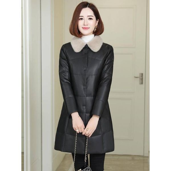 women's leather & faux sheep skin mink collar haining down cotton-padded jacket female long coltsfoot pipi dress coat, Black
women's leather & faux sheep skin mink collar haining down cotton-padded jacket female long coltsfoot pipi dress coat, Black