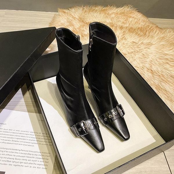 shoes round toe lady boots low leather high heel rubber mid calf solid flock mid-calf cotton fabric rome leather buckle, Black
shoes round toe lady boots low leather high heel rubber mid calf solid flock mid-calf cotton fabric rome leather buckle, Black