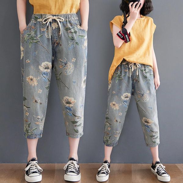 women's jeans denim women floral printed calf length loose drawstring elastic waist pockets casual vintage washed harem pants summer, Blue
women's jeans denim women floral printed calf length loose drawstring elastic waist pockets casual vintage washed harem pants summer, Blue