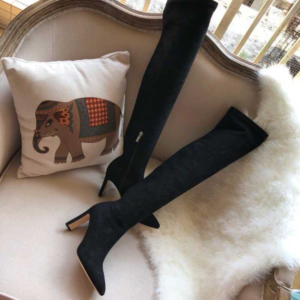 boots shoes woman natural suede over the knee high heels pointed toe women zapatos de mujer classic, Black