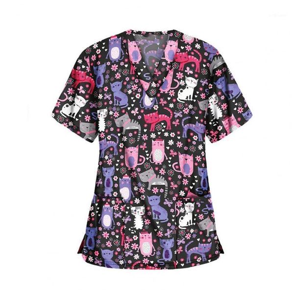 women's t-shirt fashion cartoon print pockets women short sleeve v neck working uniform for summer 2021, White
women's t-shirt fashion cartoon print pockets women short sleeve v neck working uniform for summer 2021, White