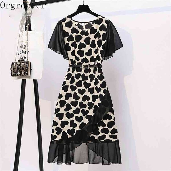 plus size women elegant heart print chiffon dresses summer v-neck short sleeve belt ruffle mesh patchworrk asymmetric dress 210602, Black;gray
plus size women elegant heart print chiffon dresses summer v-neck short sleeve belt ruffle mesh patchworrk asymmetric dress 210602, Black;gray