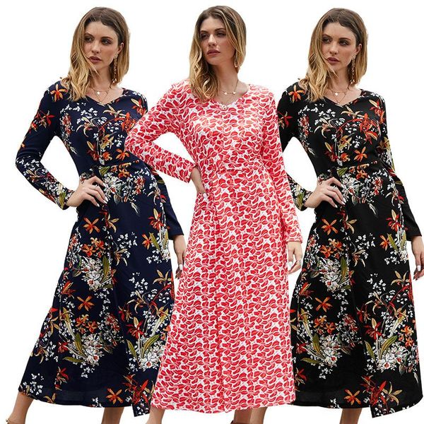 casual dresses women long sleeve dress v-neck printed high waist split streetwear clothing, Black;gray