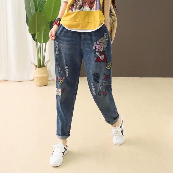 women's jeans ethnic vintage cartoon embroidery elastic high waist cotton denim harem pants students all-match casual trousers, Blue
women's jeans ethnic vintage cartoon embroidery elastic high waist cotton denim harem pants students all-match casual trousers, Blue