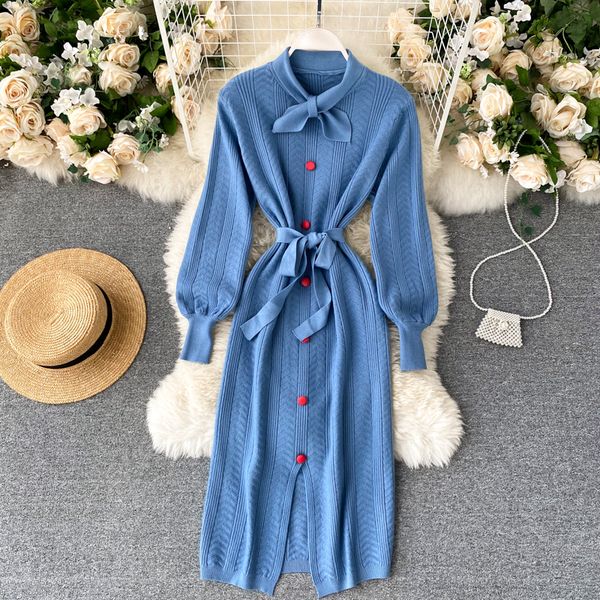 women elegant korean knitted dress french bow collar long sleeve button dresses autumn winter split sweater dress, White;black
women elegant korean knitted dress french bow collar long sleeve button dresses autumn winter split sweater dress, White;black
