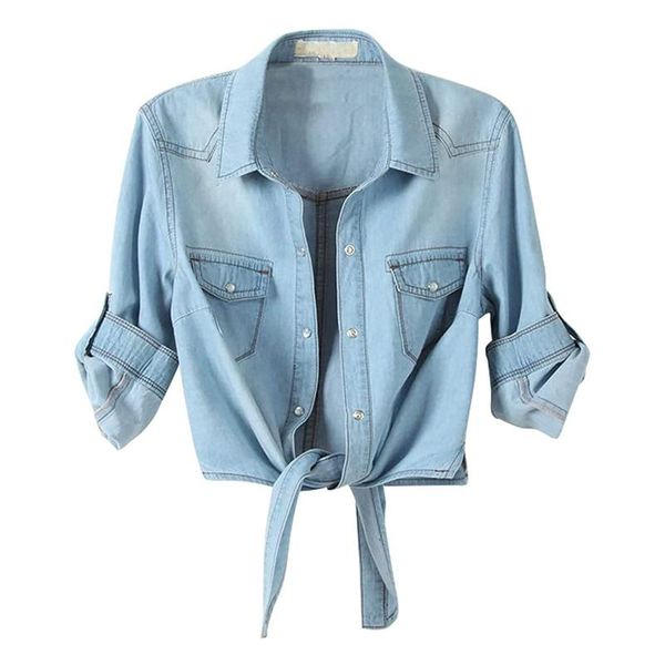 women's blouses & shirts denim shirt jacket casual solid color 3/4 sleeve button down crop jean ladies knot tie, White
women's blouses & shirts denim shirt jacket casual solid color 3/4 sleeve button down crop jean ladies knot tie, White