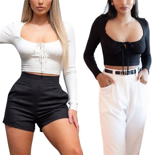 women's t-shirt women u-shaped collar crop spring solid color wrap short shirt casual close-fitting lace up long sleeve, White
women's t-shirt women u-shaped collar crop spring solid color wrap short shirt casual close-fitting lace up long sleeve, White