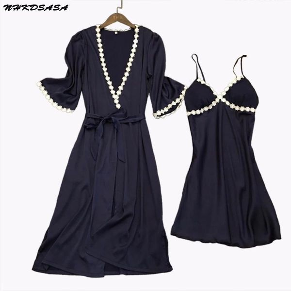 women's sleepwear 2 pieces women pajamas sets faux silk embroidery lace bath gown wedding night dress robe with belt, Black;red
women's sleepwear 2 pieces women pajamas sets faux silk embroidery lace bath gown wedding night dress robe with belt, Black;red