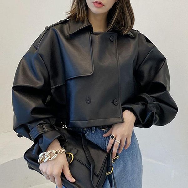 women's leather & faux vintage black soft women short coat autumn 2021 korean lapel double breasted loose casual punk female biker jack
women's leather & faux vintage black soft women short coat autumn 2021 korean lapel double breasted loose casual punk female biker jack