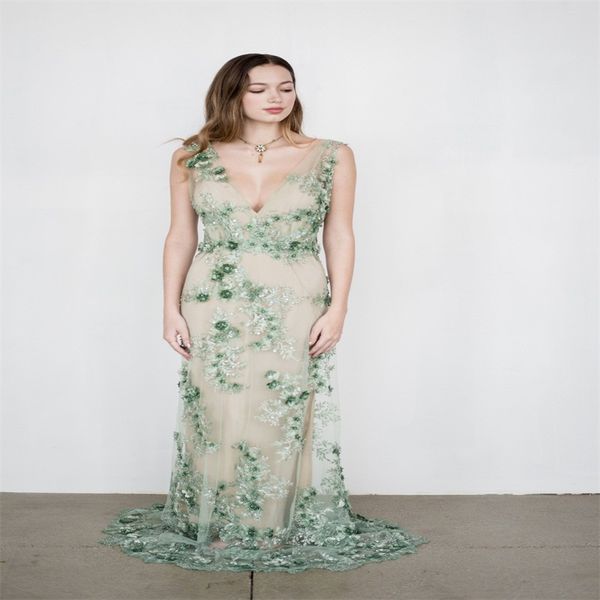 light green prom dresses with 3d floral appliqued beads evening dresses v neck sleeveless party gowns custom made sweep train, Black
light green prom dresses with 3d floral appliqued beads evening dresses v neck sleeveless party gowns custom made sweep train, Black