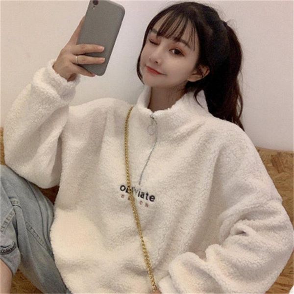 women's sweaters autumn and winter 2021 lamb plush half high collar plus velvet thick sweater embroidery loose large size warm coat, White;black
women's sweaters autumn and winter 2021 lamb plush half high collar plus velvet thick sweater embroidery loose large size warm coat, White;black