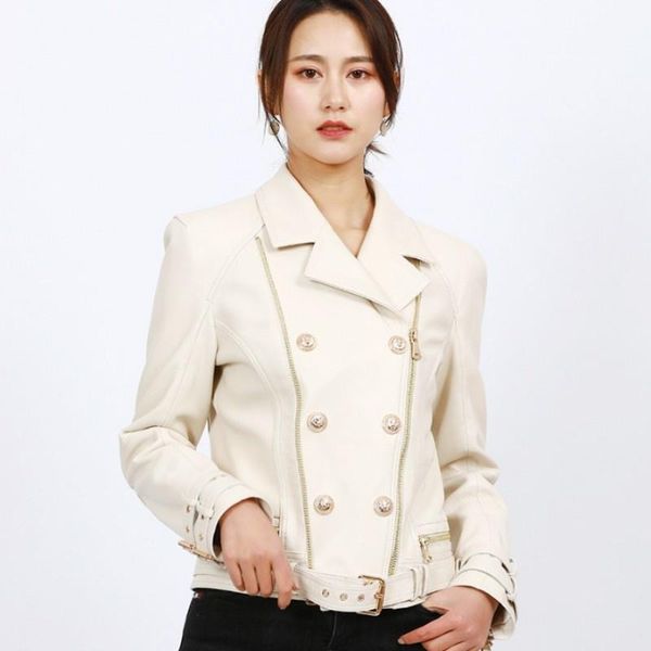women's leather & faux female lambskin coat, short jacket with a fine lapel and double decoration zipper genuine motorcycle spring, Black
women's leather & faux female lambskin coat, short jacket with a fine lapel and double decoration zipper genuine motorcycle spring, Black