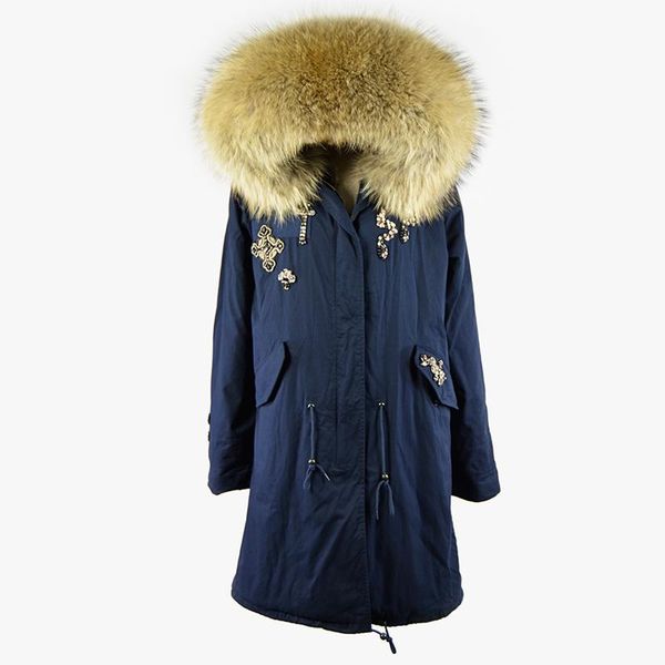women's fur & faux thick warm navy long style parka with real lining winter men&women rex garment, Black
women's fur & faux thick warm navy long style parka with real lining winter men&women rex garment, Black