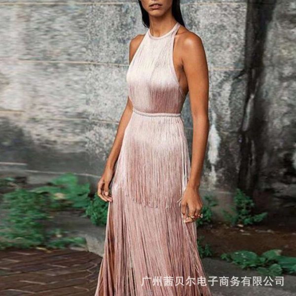 sleeveless tassel banquet, White;black