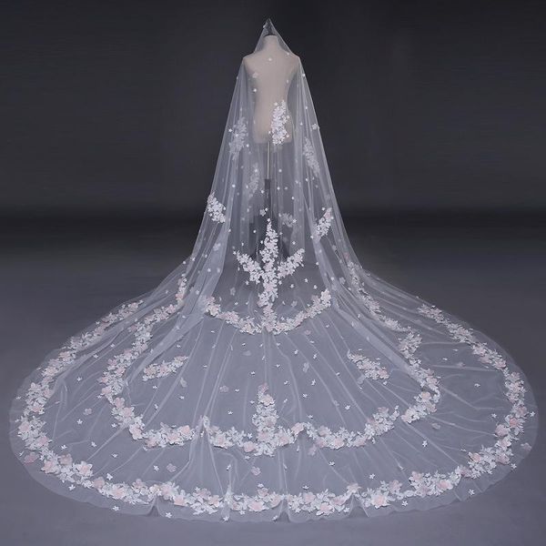 bridal veils embroidery lace applique veil wedding accessories one layer ivory long cathedral handmade, Black