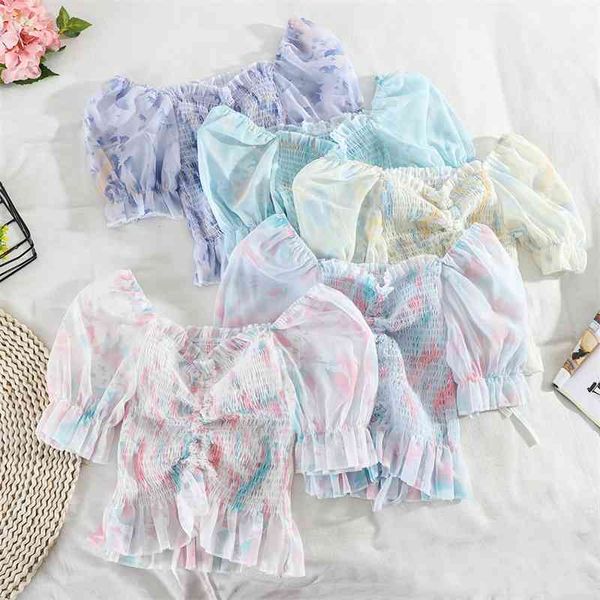 women chiffon blouse summer sweet ruffles v neck printed crop ladies korean bandage short shirts femme 210602, White
women chiffon blouse summer sweet ruffles v neck printed crop ladies korean bandage short shirts femme 210602, White