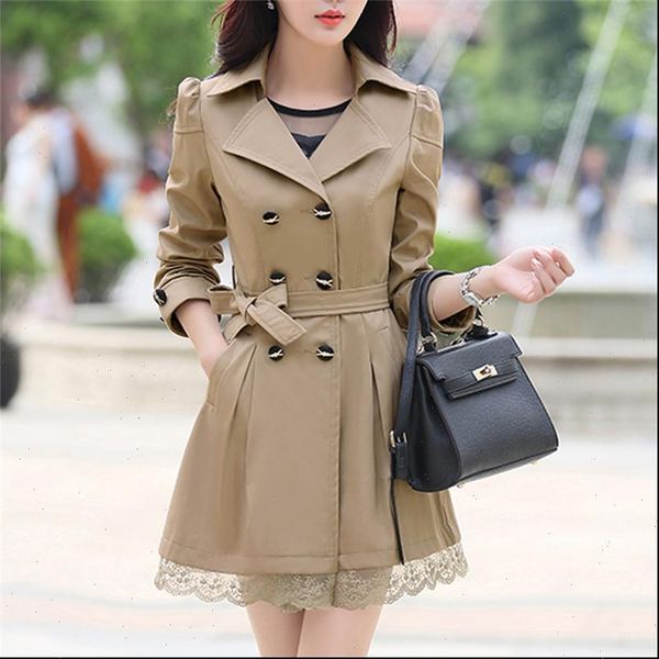 2021 new basic jacket women fashion winter warm long sleeve button lace jacket coat with belt lady elegant windbreaker, Black;brown