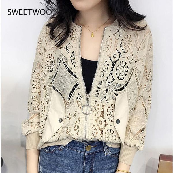 women's jackets women long sleeve lace embroidery hollow out jacket korean fashion short outwear white bomber sunproof coat, Black;brown
women's jackets women long sleeve lace embroidery hollow out jacket korean fashion short outwear white bomber sunproof coat, Black;brown