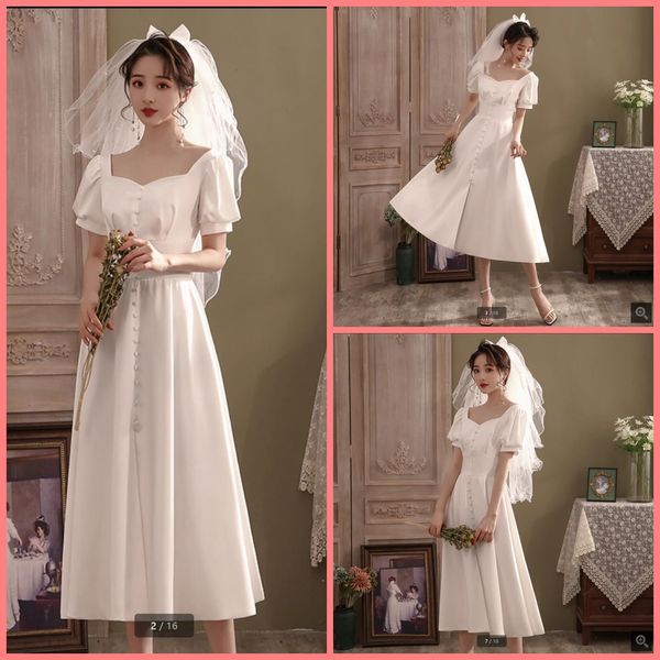 2021 real picture tea length a line short wedding dress v neckline with cap sleeve modest women wedding dress petite girl's bride dress, White
2021 real picture tea length a line short wedding dress v neckline with cap sleeve modest women wedding dress petite girl's bride dress, White