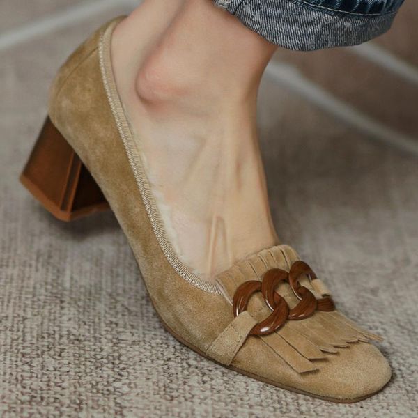 dress shoes women's natural suede leather thick med heel round toe slip-on pumps elegant ladies ol style fringe chain decoration daily, Black
dress shoes women's natural suede leather thick med heel round toe slip-on pumps elegant ladies ol style fringe chain decoration daily, Black
