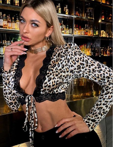 women's t-shirt fashion short v-neck t-shirts leopard long sleeve lace up tee femme cropped women spring clothes, White
women's t-shirt fashion short v-neck t-shirts leopard long sleeve lace up tee femme cropped women spring clothes, White