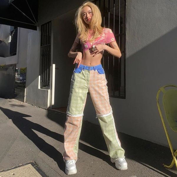 women's jeans vintage plaid patchwork high waist 2021 summer women cotton fashion casual long straight pants female denim trousers, Blue
women's jeans vintage plaid patchwork high waist 2021 summer women cotton fashion casual long straight pants female denim trousers, Blue